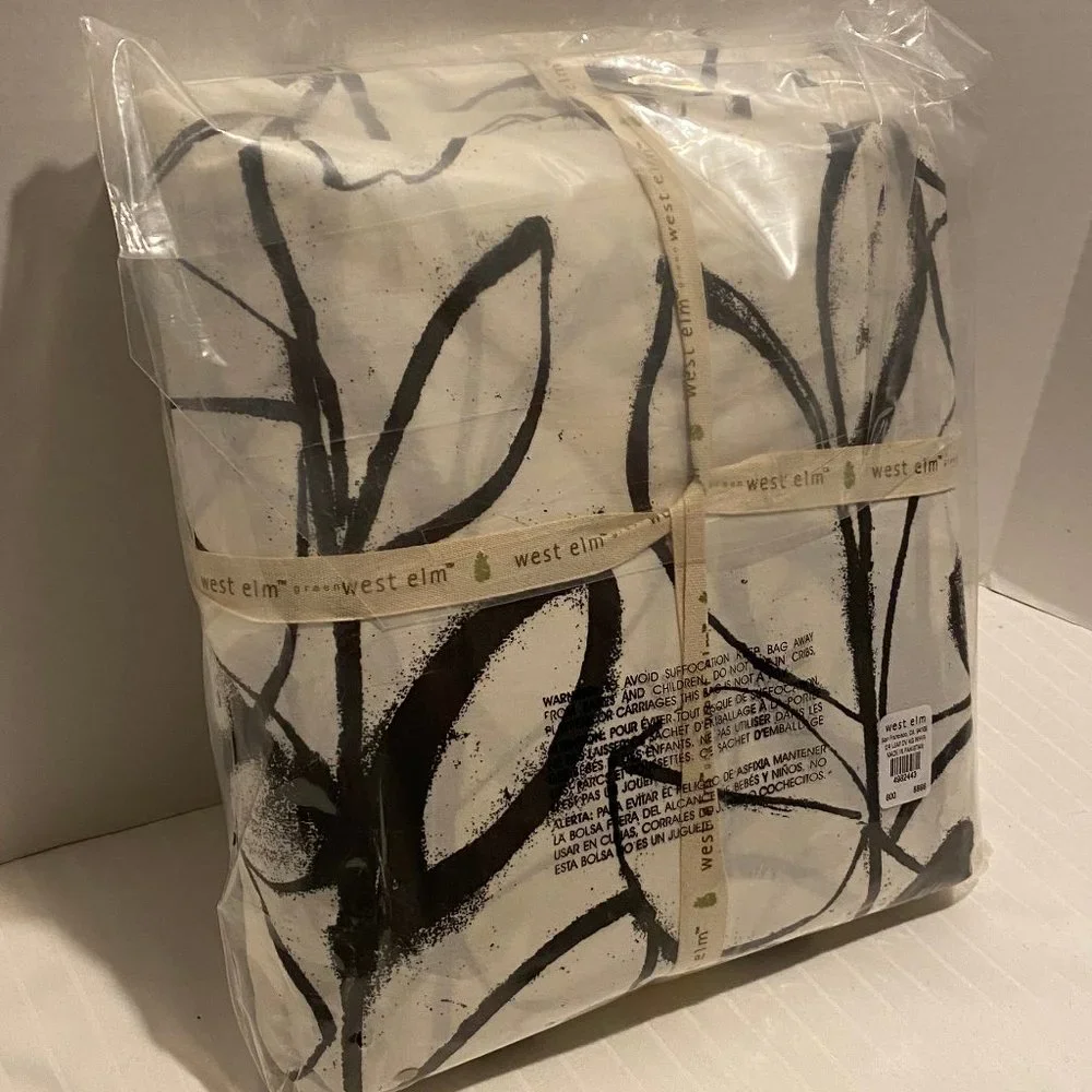 West Elm Green Organic Cotton-Brush Art Stroke Leaf Duvet Cover-King Size-New